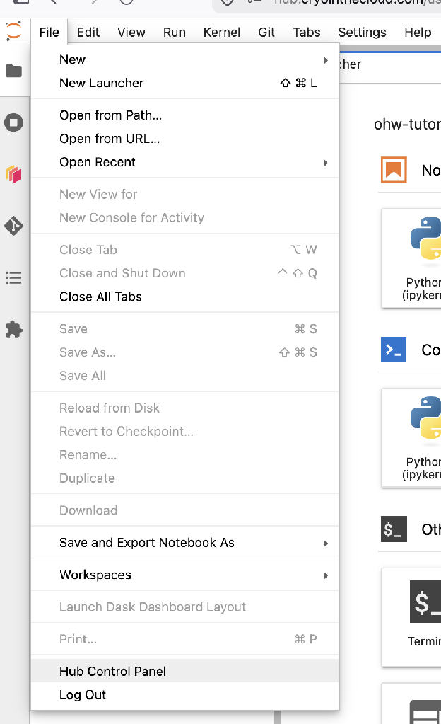 File menu with Hub Control Panel highlighted